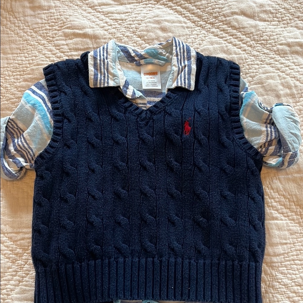 Navy Blue Cable Knit polo Vest with Striped Gymboree Shirt size 12-18 months